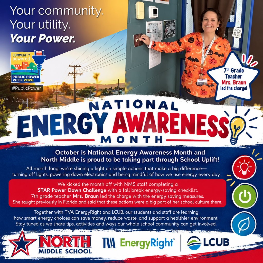 Poster with a woman wearing a bright orange shirt. Text reads "National Energy Awareness Month" and "North Middle School".