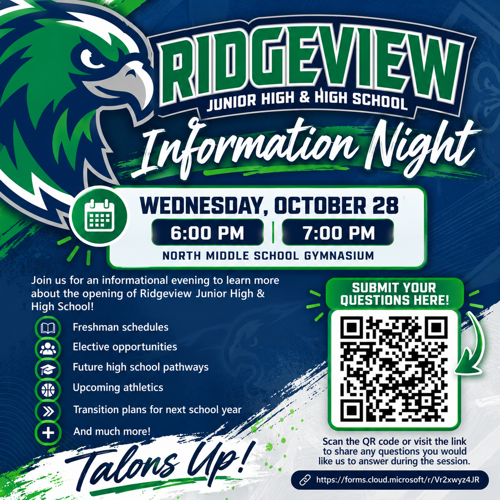 Flyer for Information Night at Ridgeview Junior High and High School on October 28, 6-7 PM.