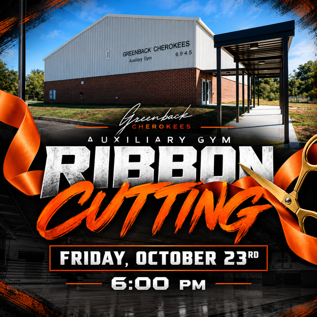 Event poster for ribbon cutting. Building with brick facade and canopy. Orange ribbon. Scissors. Date: Oct 23. Time: 6pm.
