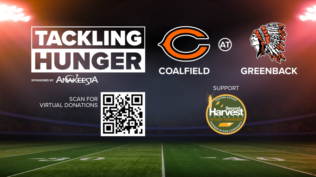 A football field with logos for Tackling Hunger, Coalfield, Greenback, and Harvest logo on black and red background.