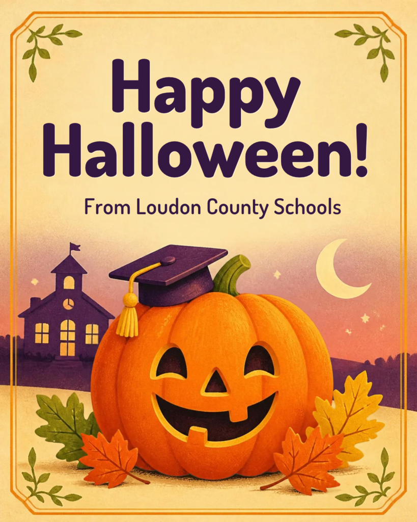 Halloween greeting with a smiling pumpkin wearing a cap and tassel, surrounded by leaves, near a building.
