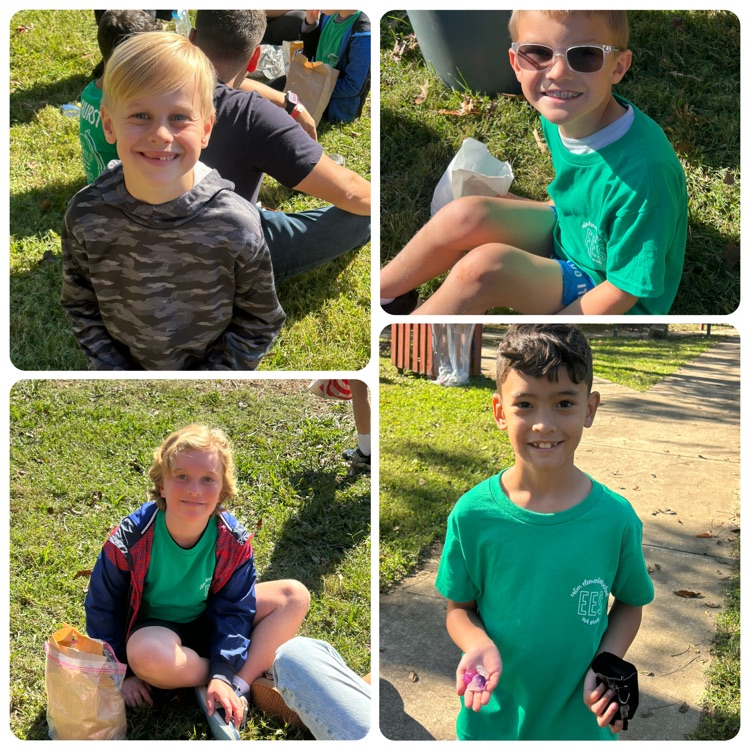 Four photos of children sitting on grass. One holds a paper bag. One wears sunglasses. One wears a glove.