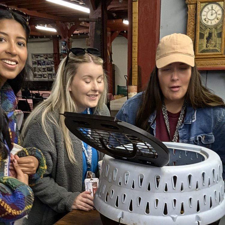 Three girls standing around a table with a black and white pet carrier on it.