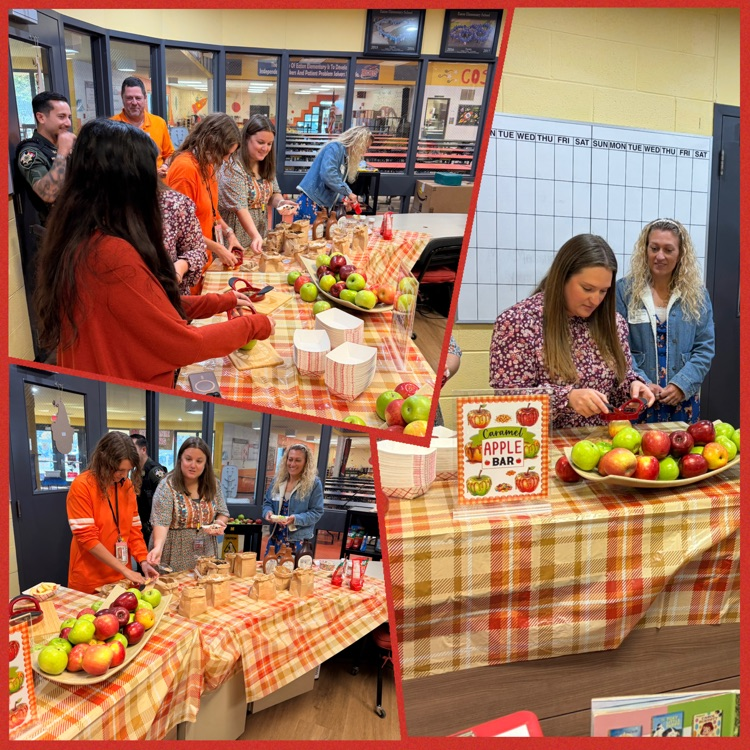 Four photos show adults and students in a school cafeteria. One woman peels an apple.