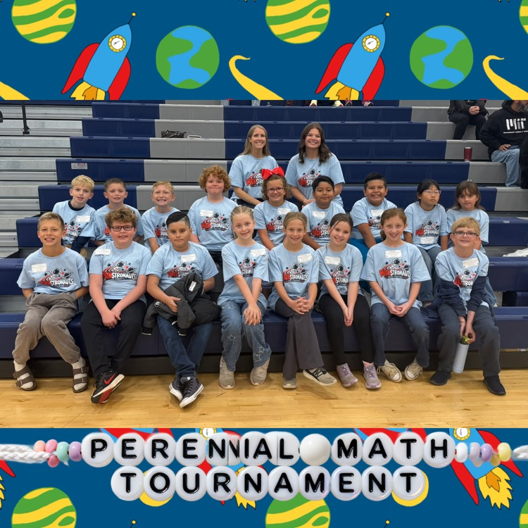 Students seated on bleachers, smiling, wearing matching blue shirts with math design. Two adults stand in the back.