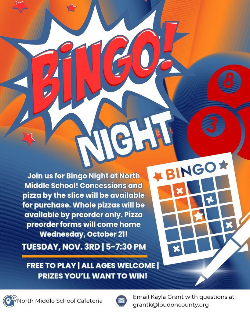 A poster announces Bingo Night at North Middle School Concessions. It features a bingo card, numbers, and a pen.