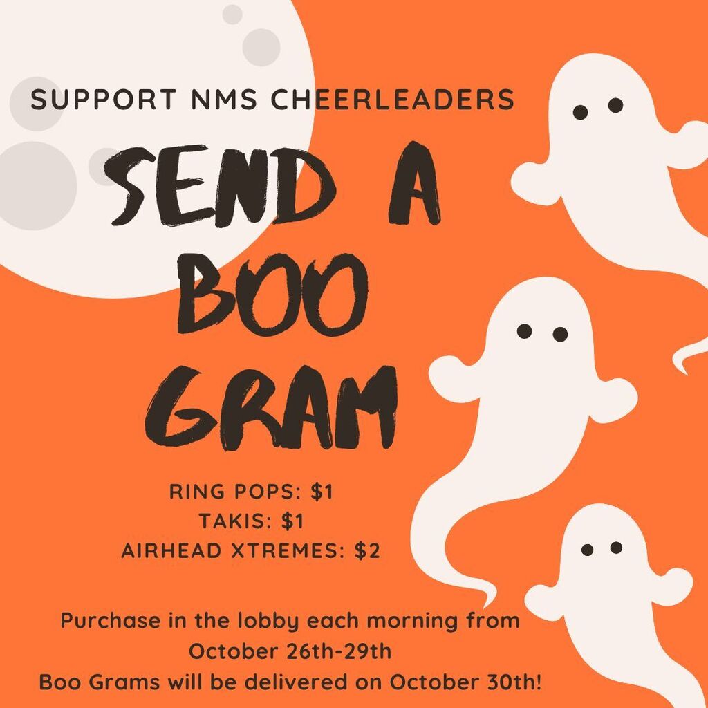 Orange poster with text, ghost images, and information about purchasing items like ring pops and airhead xtremes.