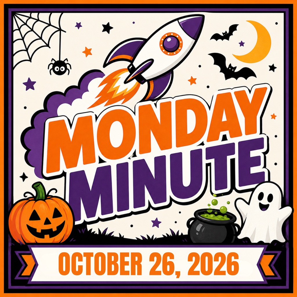Halloween-themed graphic for Monday Minute with a pumpkin, rocket, spider web, ghost, and cauldron.