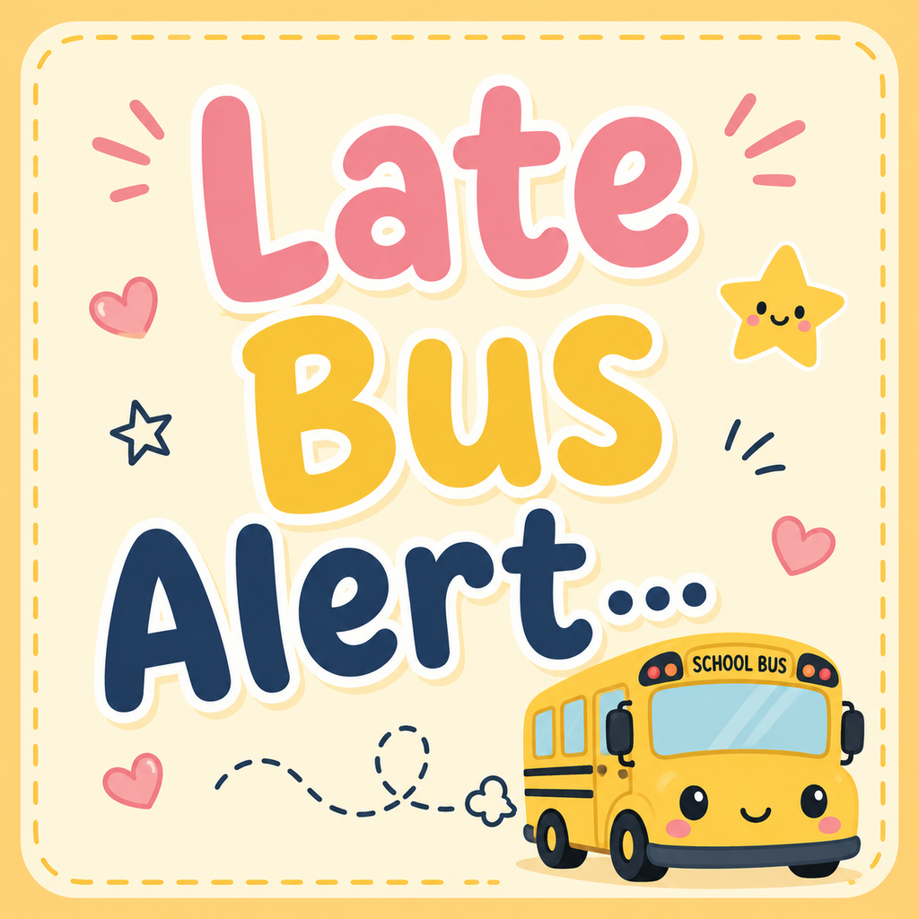 "Late Bus Alert" text with hearts and stars. A yellow school bus is on a light yellow background.