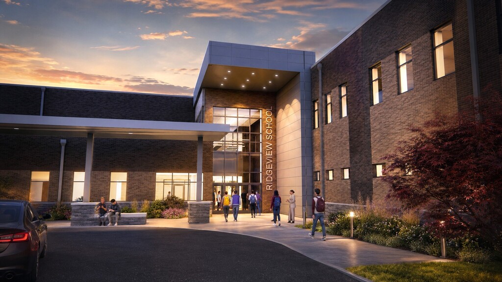 Illustration of school exterior at dusk; people walking and sitting near entrance; parking lot; car parked.