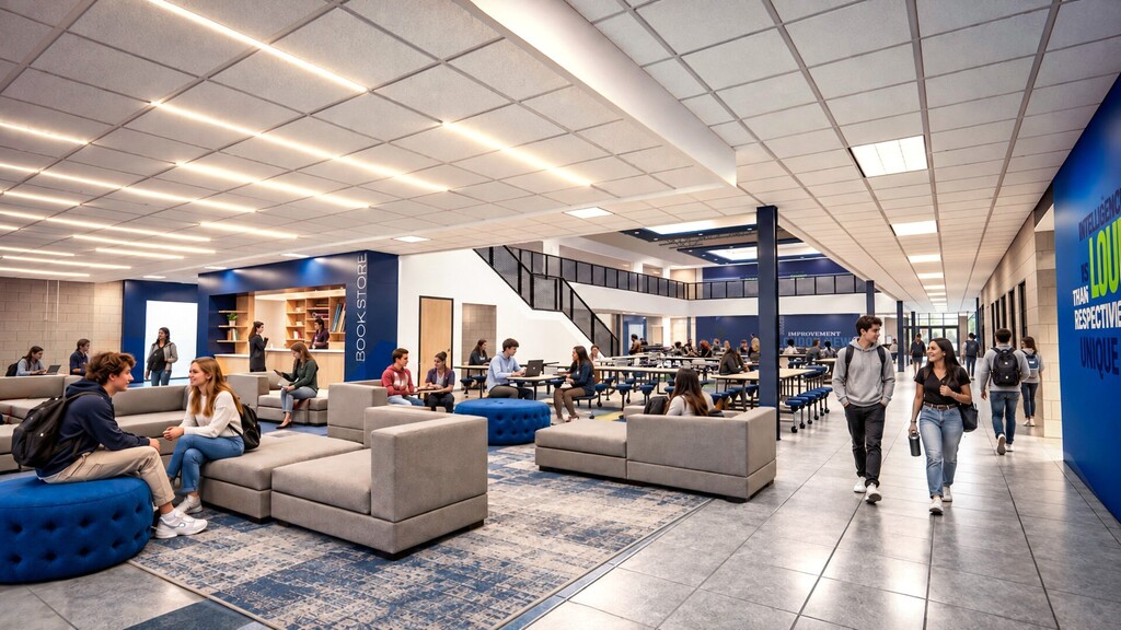 Hallway with couches, people, and stairway. Blue wall with white text. Gray floor with blue carpet.