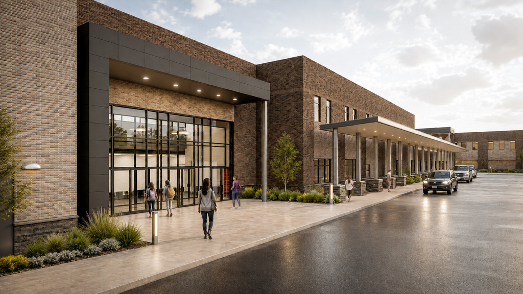A rendering of a school building. People are walking by. A road and cars are in the background.