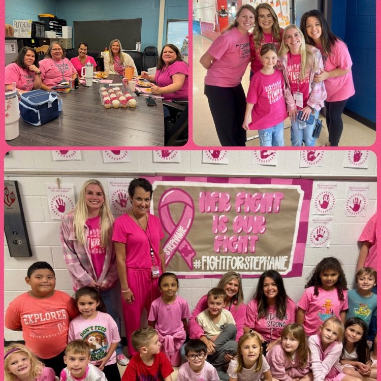 Two photos of students and staff wearing pink. One group sits in a circle, others stand.