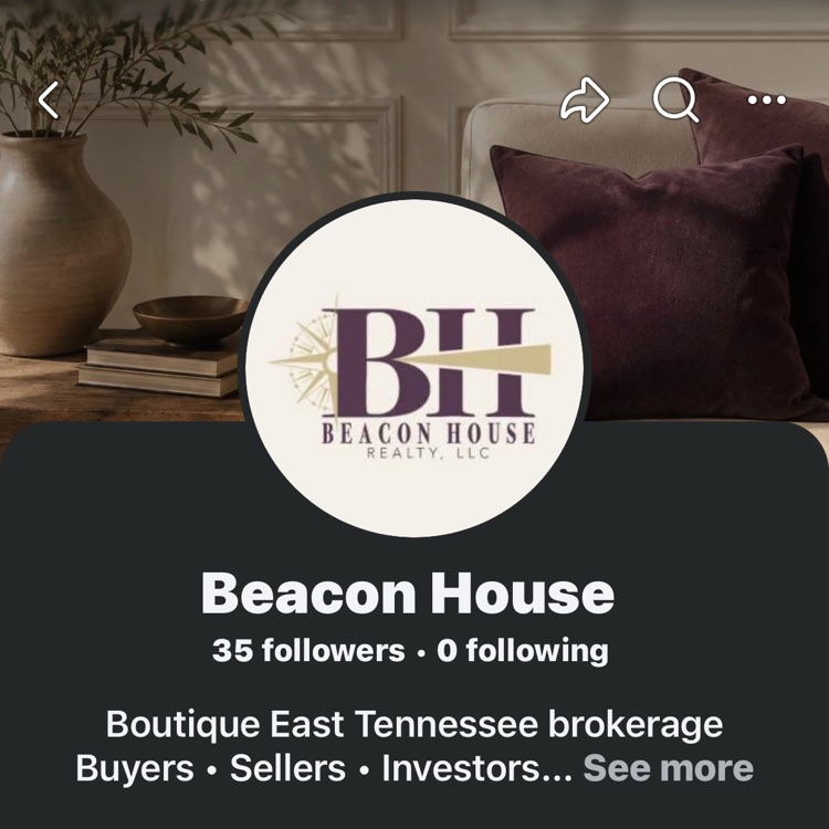 White and blue circular logo with black text "Beacon House" and "Realty, LLC" on a black background.