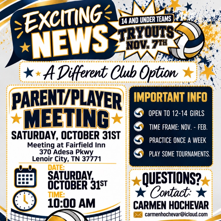 Banner with a blue background. Text reads "EXCITING NEWS". Below are three boxes with headings "PARENT/PLAYER MEETING", "IMPORTANT INFO", and "QUESTIONS?"