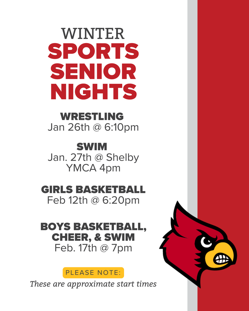 Graphic of upcoming senior nights: Swim 1/27 at Shelby YMCA at 4 p.m.; Girls Basketball 2/12 at 6:20 p.m., Boys Basketball, Cheer and Swim 2/17 at 7 p.m. Please note these are approximate start times.