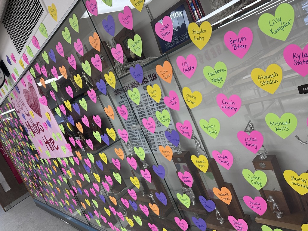 Photo of hearts with names hanging on the hallway walls. 