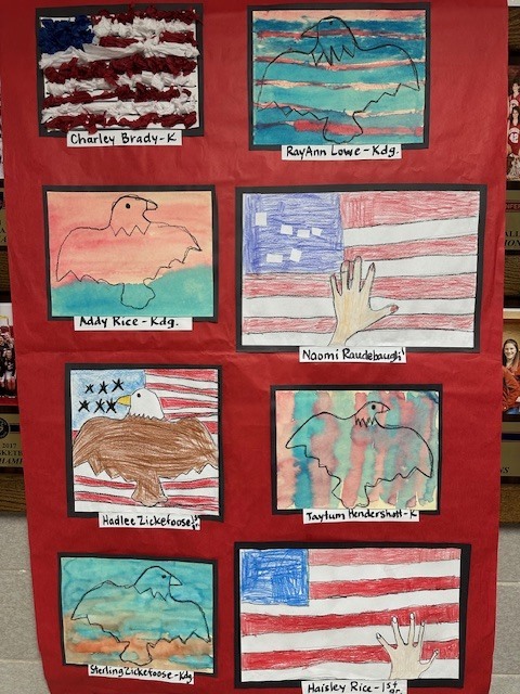 Display of student artwork depicting American themes.