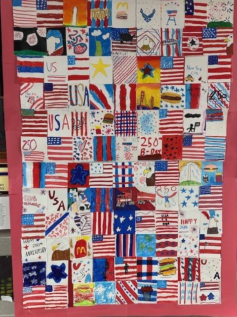 Student artwork displayed in a quilt style in americana theme.