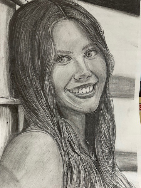 Hand drawn self portrait of a young girl.