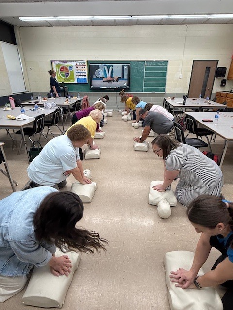 Line of staff members practicing CPR on dummies. 