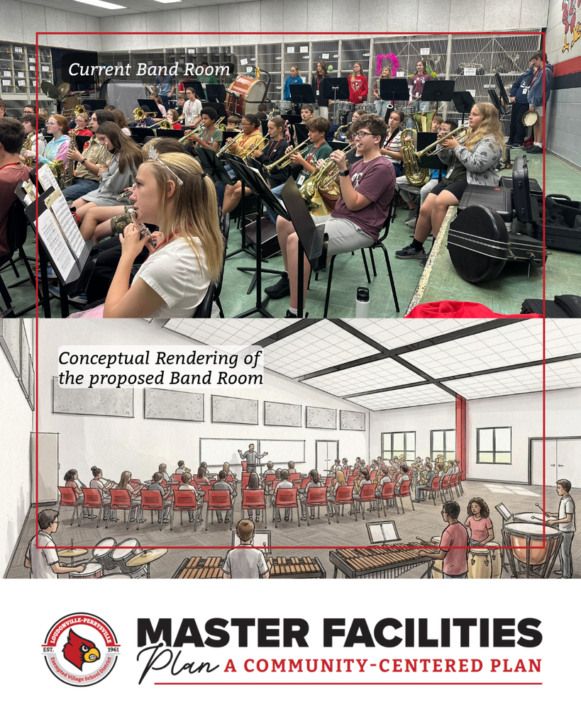 Photo of the current band room with students playing and a conceptual rendering of the proposed band room.