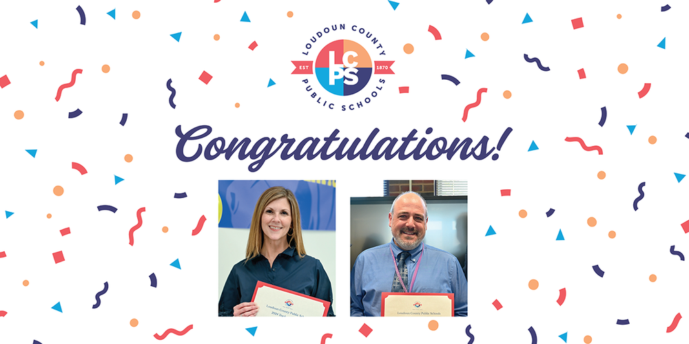 Illustration of confetti falling with pictures of two award recipients holding their awards. Congratulations!