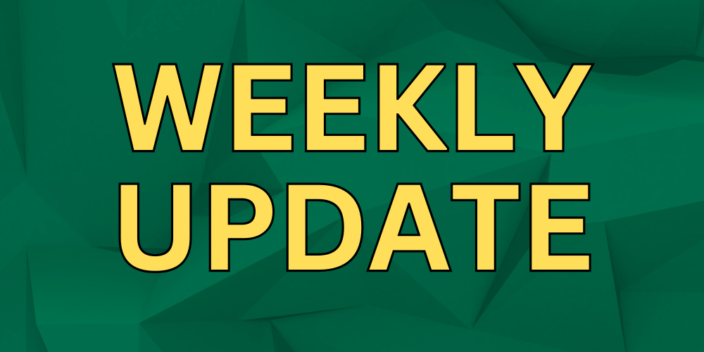 Weekly update in yellow against a low poly green background