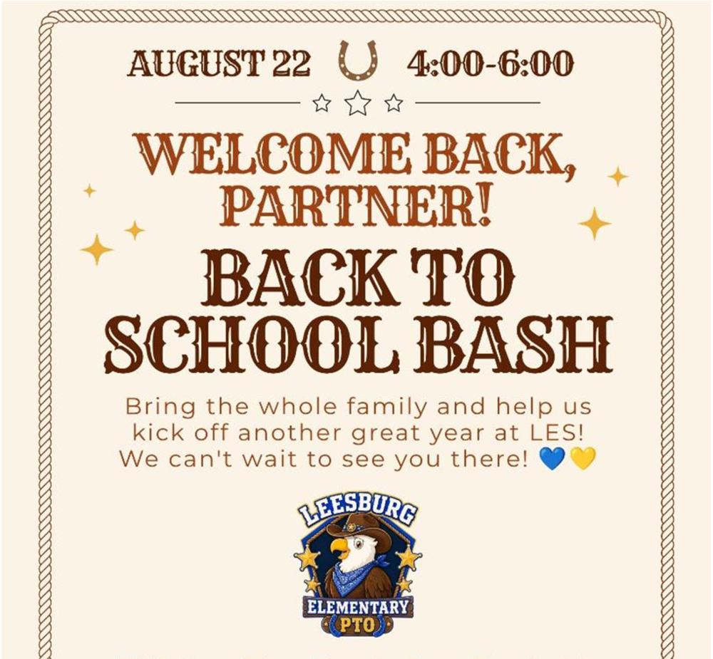 Welcome Back , Partner! Bring the whole family and help us kick off another great year at LES! We can't wait to see you there!  Leesburg Elementary Multipurpose Room  Saturday, August 22nd from 4:00-6:00 PM  THS Marching Band - Free Food - No Sale Yard Sale - Photo Booth - Free Haircuts - ParentVUE Help - Cub Scout Pack 956 - LES Girl Scouts - School & Community Activity Tables - Games - And More!!