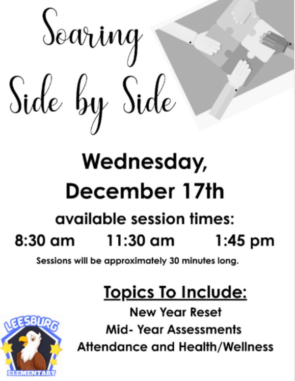 Soaring SIde by Side Thursday, December 17th available session times 8:30 am, 11:30 am, 1:45 pm  Session will be about 30 minutes long. Topics To Include:     New Year Reset  Mid Year Assessments  Attendance & Health/Wellness
