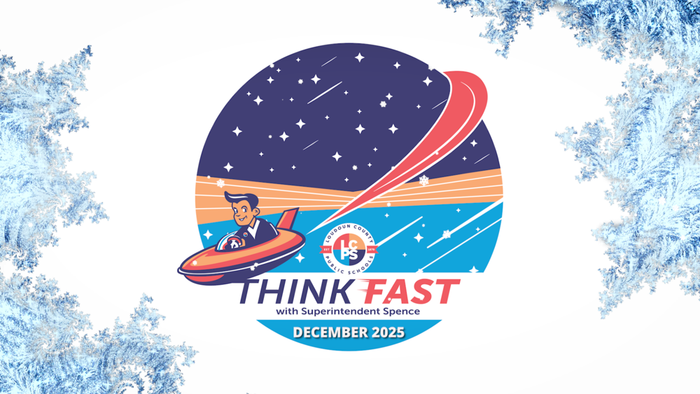 Illustration of a man in a spaceship flying around a planet. Snowflakes and flurries surround the planet for a winter edition still. Think Fast with Superintendent Spence. December 2025.