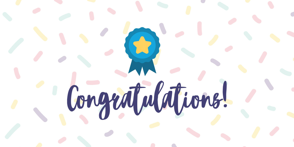 Congratulations. Illustration of a blue ribbon with a yellow star in the middle. Confetti is falling in the background.