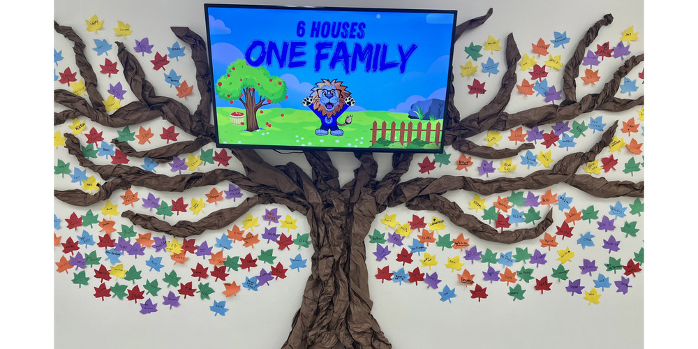 Large classroom wall display features a tree made of crumpled brown paper with colorful paper leaves, each labeled with student names.