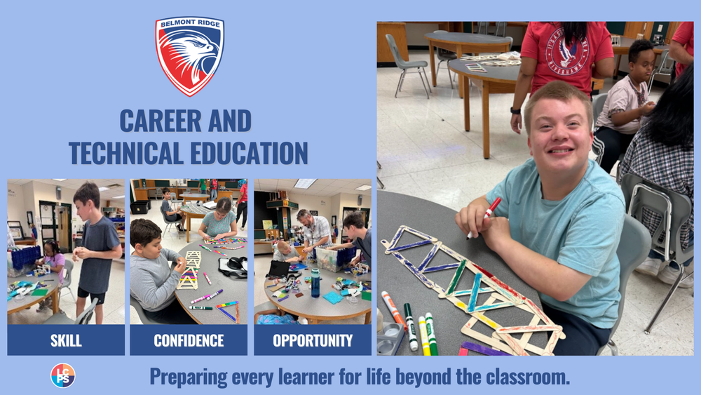 Students engaged in hands-on STEM activities using craft sticks and markers in a classroom setting focused on career and technical education.