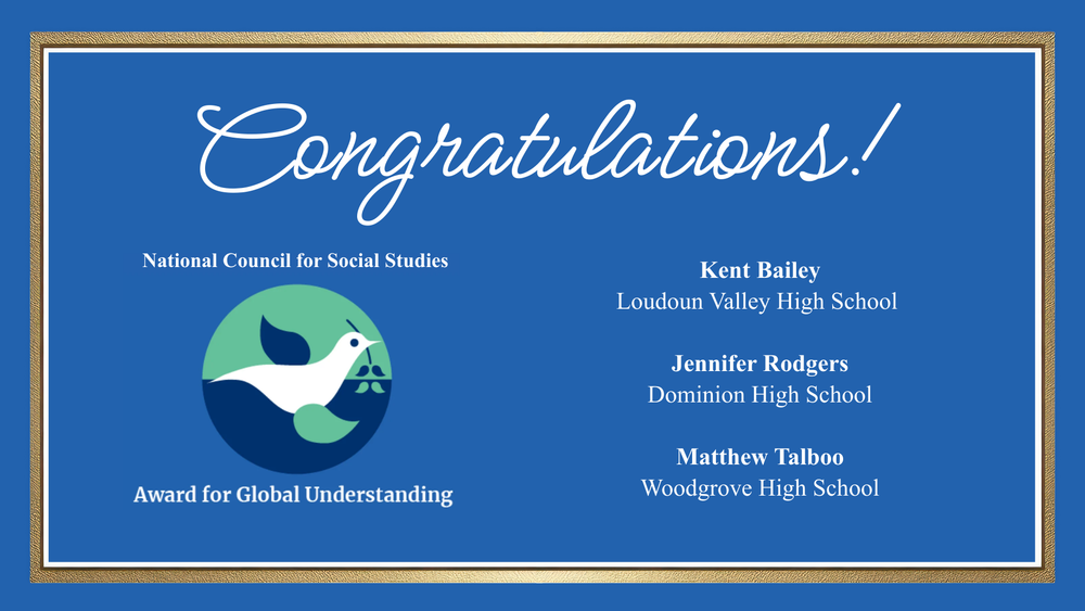 Blue certificate with a white dove emblem congratulating Kent Bailey, Jennifer Rodgers, and Matthew Talboo for the Award for Global Understanding.