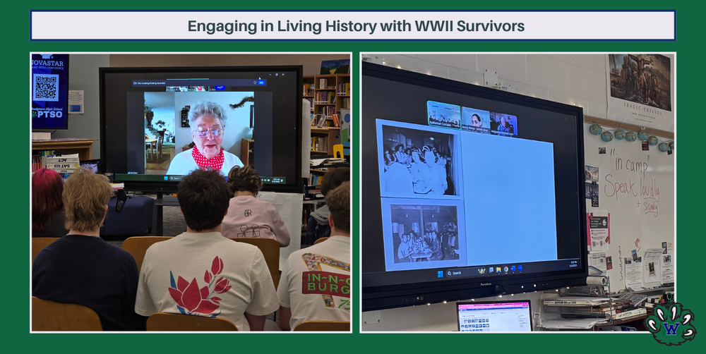 Picture collage of students watching a lesson on a Promethean board. Engaging in Living History with WWII Survivors.