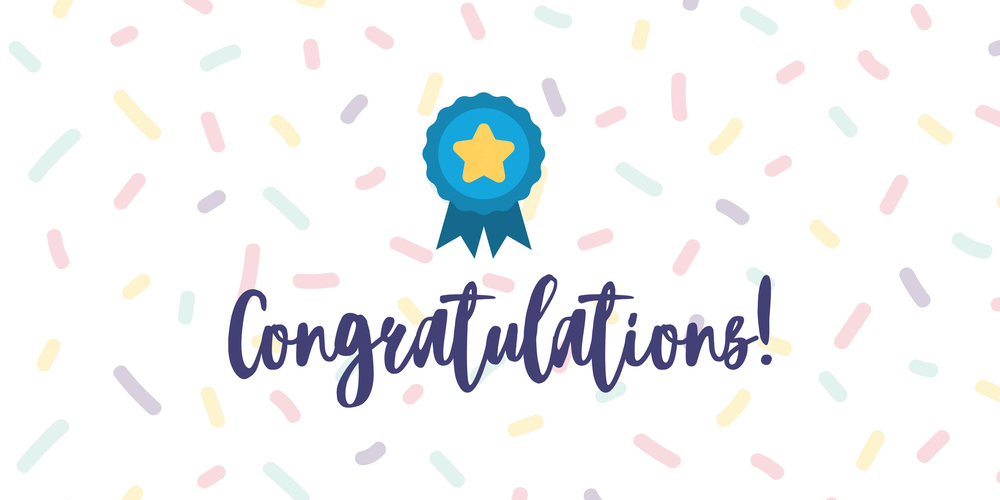 Congratulations. Illustration of a blue ribbon with a yellow star in the middle. Confetti is falling in the background.