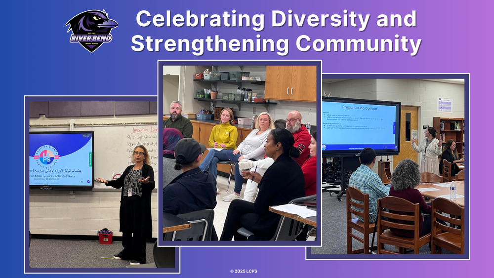 Group of diverse adults seated in a classroom setting engaged in a community discussion at River Bend Middle School.