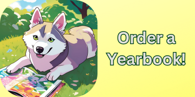 Husky reading a yearbook with text saying Order a yearbook!
