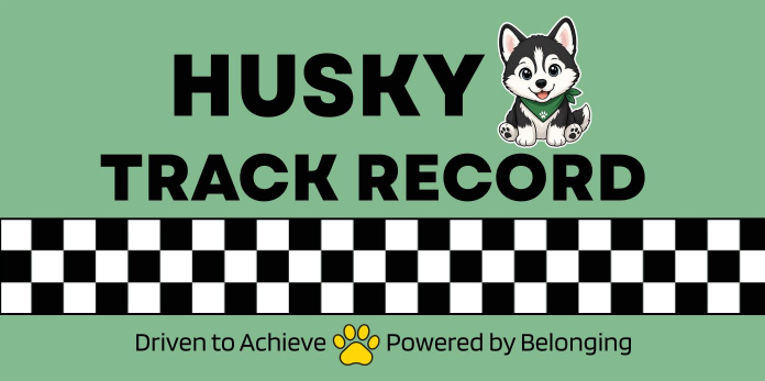 black and white checkered banner with the words Husky Track Record and Driven to Achieve -- Powered by Belonging