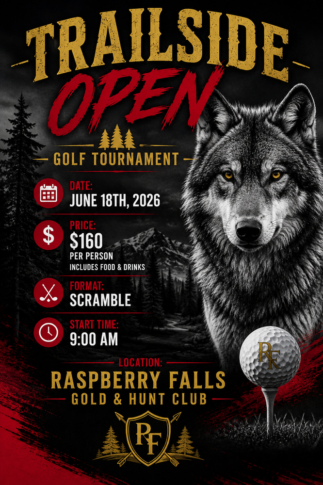 Event flyer for the "Trailside Open Golf Tournament" on June 18, 2026, at 9:00 AM. Located at Raspberry Falls Golf & Hunt Club, the price is $160 per person (includes food and drinks) with a scramble format. The dark-themed graphic features a detailed close-up of a wolf, a golf ball on a tee, and a mountain forest background.