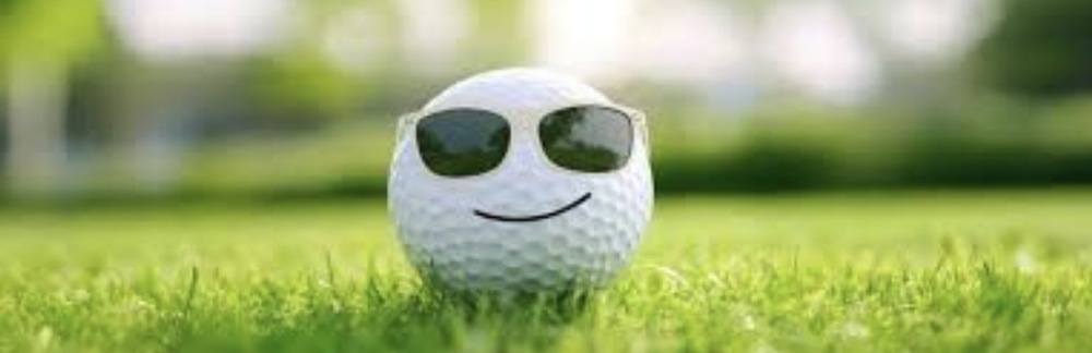 Golf ball with sunglasses resting in the grass