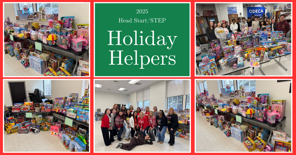 Tables filled with a variety of toys and gifts collected for the 2025 Head Start/STEP Holiday Helpers program.