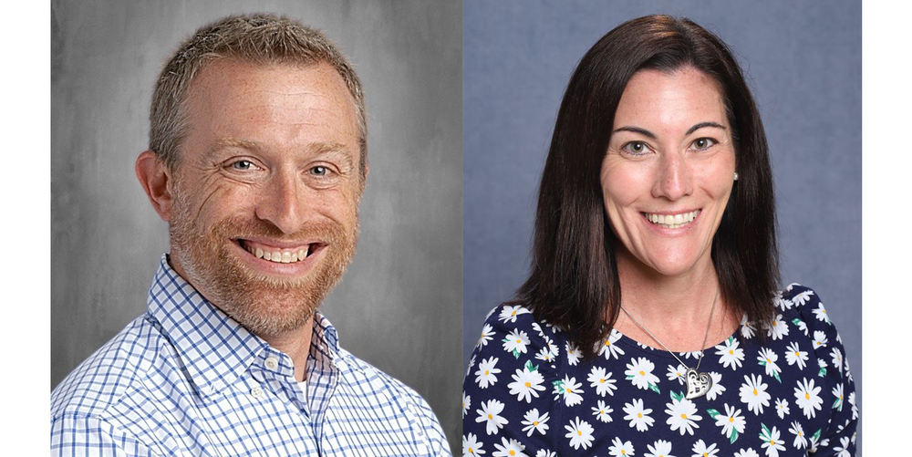 Two side-by-side portrait photos of people shown from the shoulders up against plain backgrounds. The left person wears a light checkered button-down shirt, and the right person wears a dark top with a white floral pattern and a necklace.