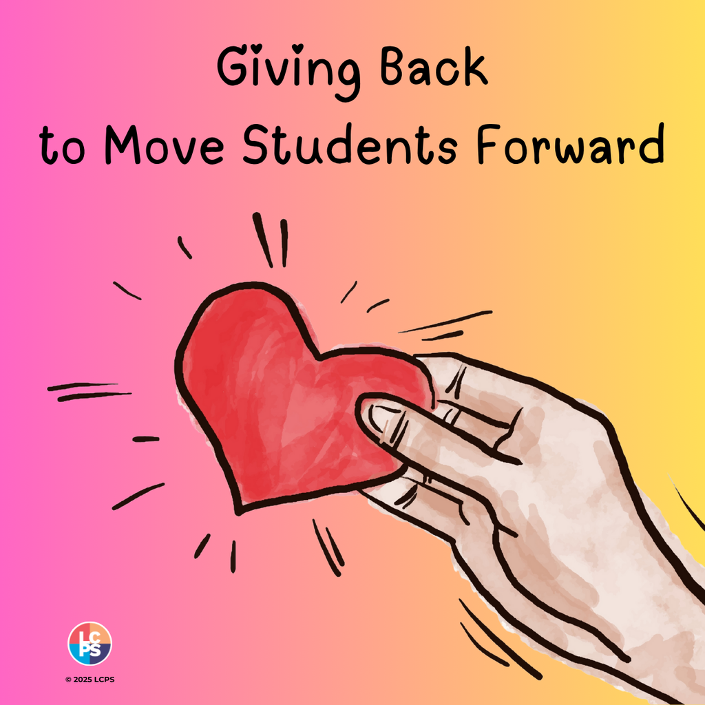 A hand holding a red heart. "Giving Back to Move Students Forward.