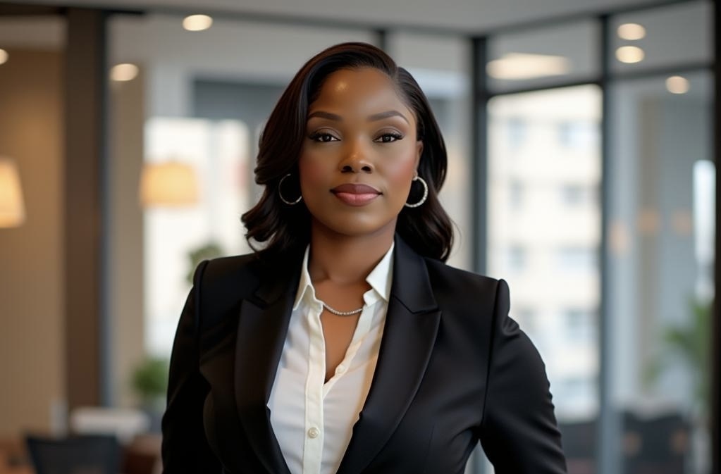 Professional woman wearing a black blazer and white shirt standing confidently in a modern office setting.