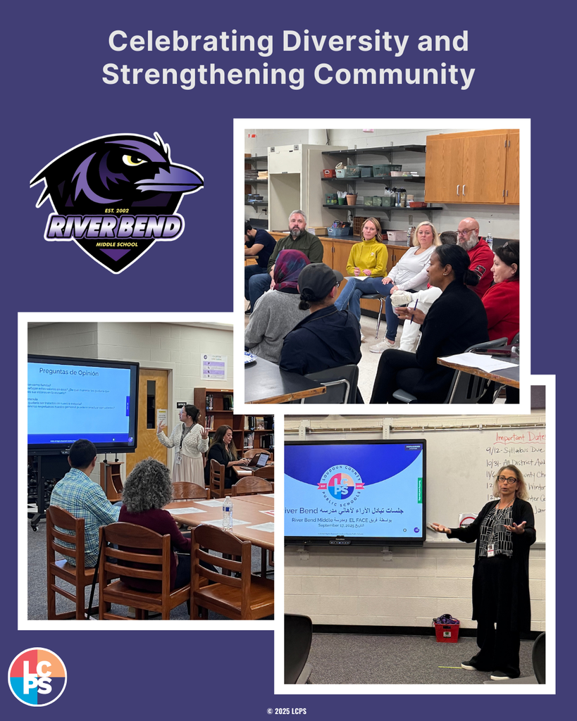Group of diverse adults seated in a classroom setting engaged in a community discussion at River Bend Middle School.