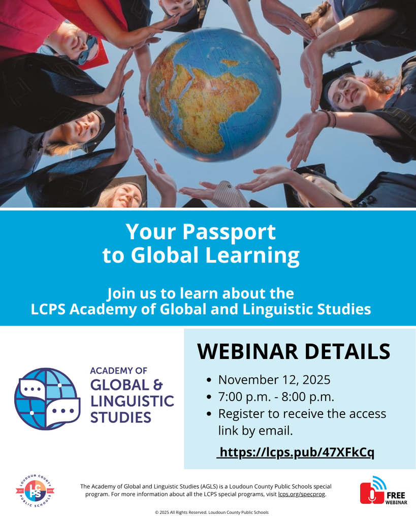 Students in graduation gowns form a circle reaching towards a globe suspended in the center against a clear blue sky.