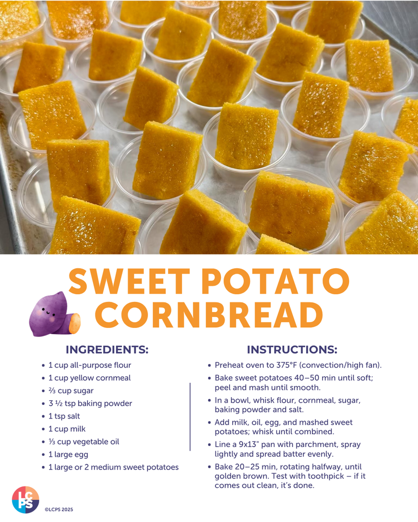 Multiple small clear cups filled with golden sweet potato cornbread squares arranged neatly on a metal tray.