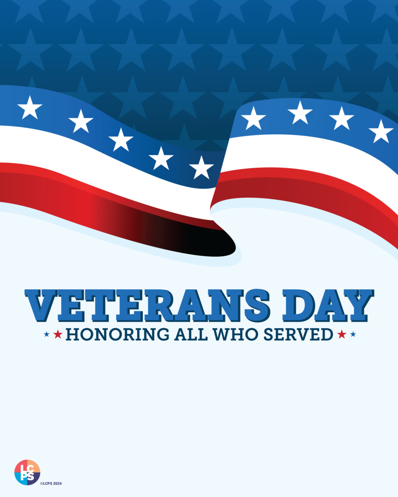 Wavy American flag banner with stars above bold Veterans Day text honoring all who served.